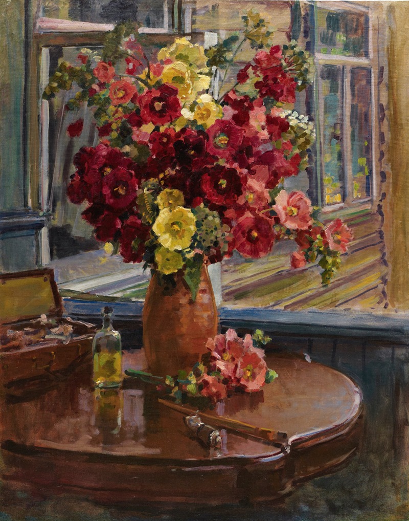 Still Life With Hollyhocks by Georgy Konstantinovich Savitsky, 1948 — digital art print download