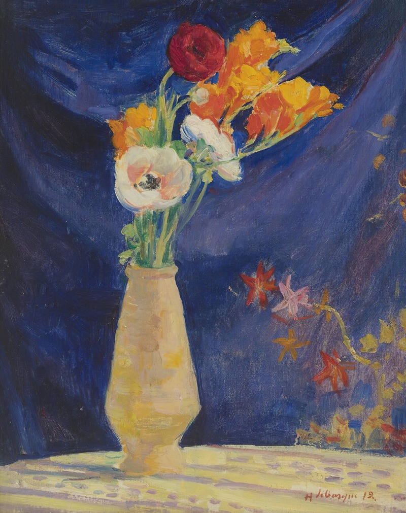 Vase D'anémones Sur Fond Bleu — Henri Lebasque