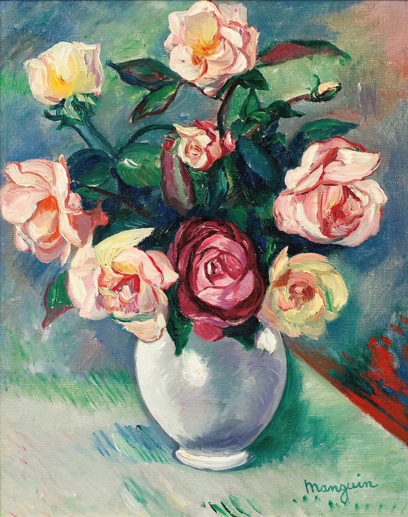 Bouquet De Roses Dans Un Vase Blanc — Henri Manguin
