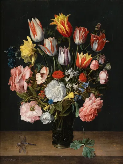A Still Life Of Tulips, Roses, Bluebells, Daffodils, A Peony And Other Flowers In A Glass Roemer On A Wooden Ledge With A…