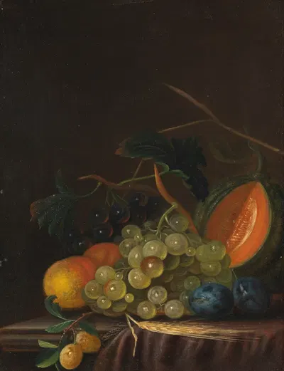 Stillleben Mit Trauben, Pfirsichen, Zwetschgen Und Melone by Иоганн Даниэль Багер, 1800 — digital art print download