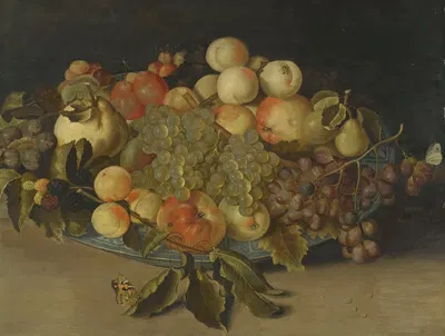 Sill Life With Blackberries, Apples, Peaches And Pears In A Chinese Blue And White Porcelain Bowl by Johannes Bosschaert —…