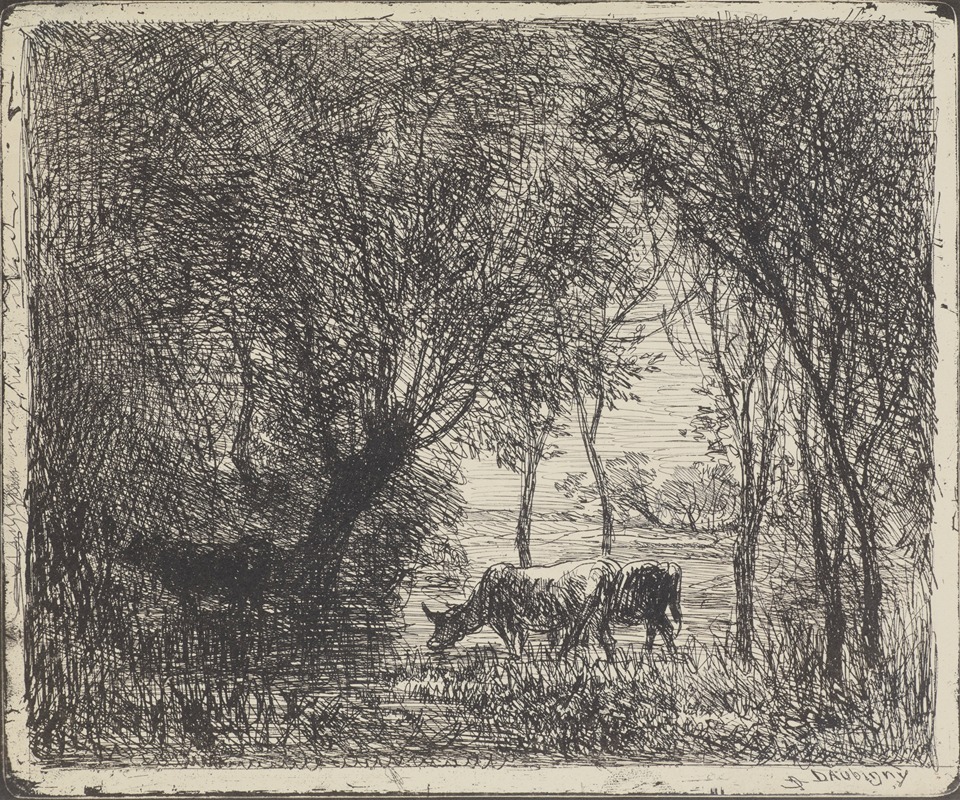 Cows in woods by Шарль Франсуа Дюбини, 1862 — digital art print download