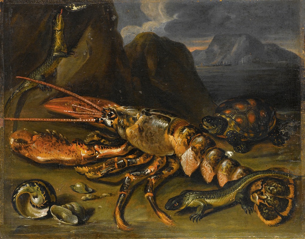 Still Life With Lobster, Lizards And Turtle — Marco de Caro