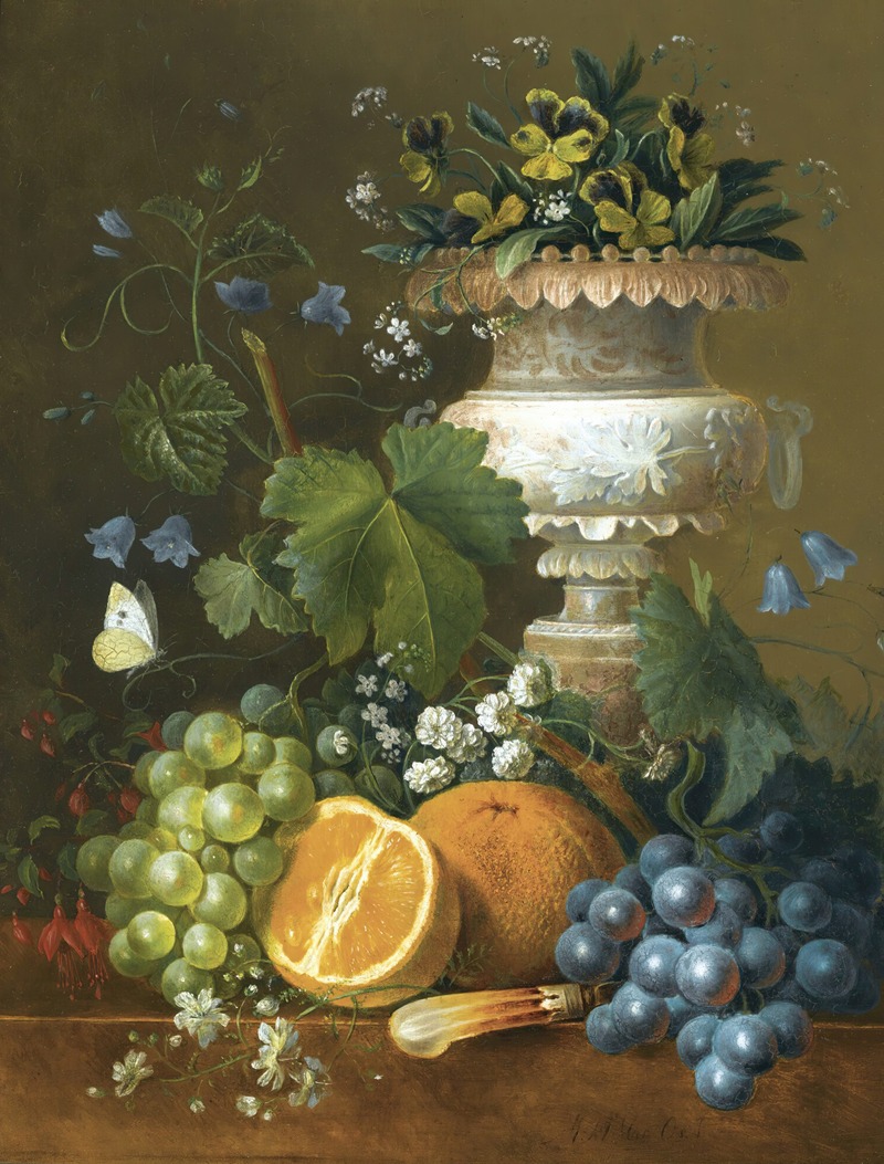 A Still Life With Violets, Grapes And Oranges On A Ledge — Maria Margrita van Os