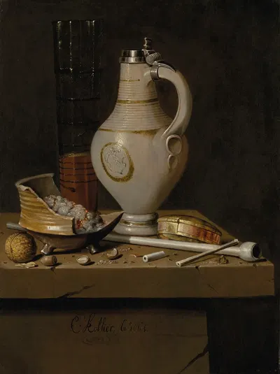 A toebakje still life of smoking utensils, a jug and a tall glass partly filled with beer by Эдвард Коллиер, 1664 — digital…