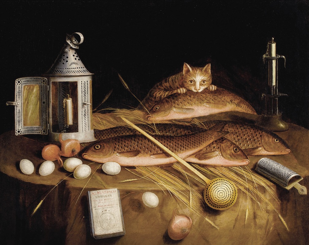 Kitchen Still Life with Fish and Cat by Circle Of Sebastian Stoskopff — digital art print download