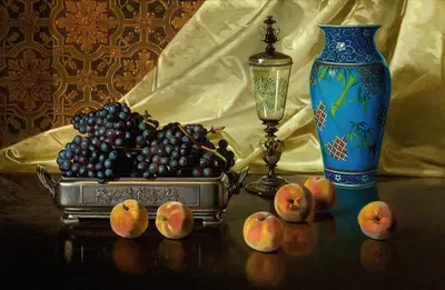 Still Life with Peaches and Grapes in a Silver Dish by Edward Chalmers Leavitt, 1881 — digital art print download