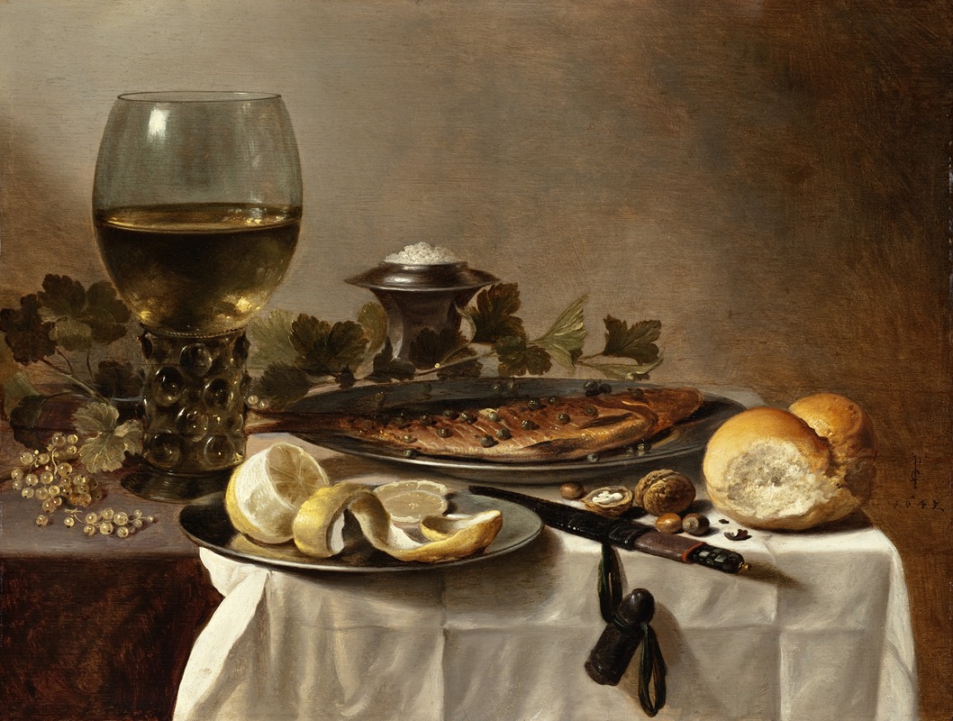 Still Life with Herring, Wine and Bread by Pieter Claesz, 1647 — digital art print download