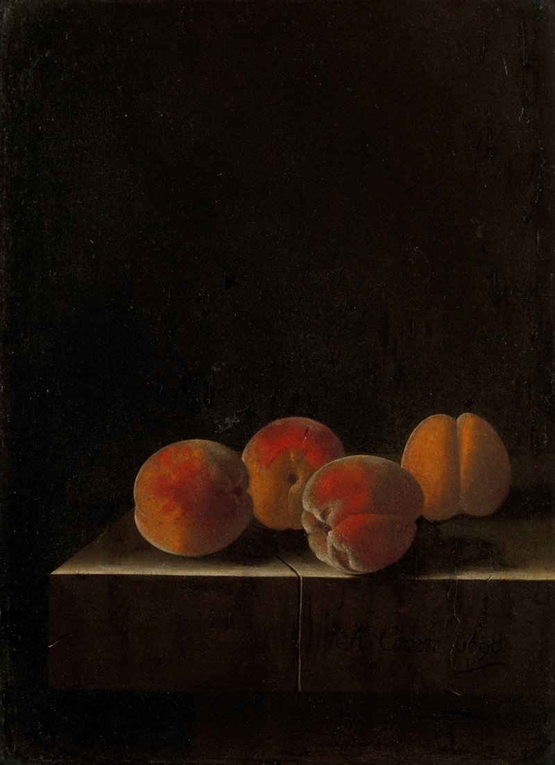 Four Apricots on a Stone Plinth by Adriaen Coorte, 1698 — digital art print download