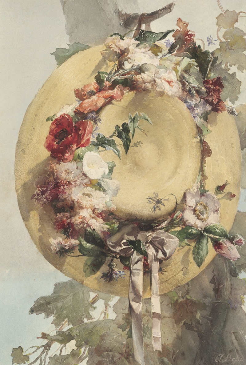 Straw Hat with Roses, Carnations, and Cornflowers by Angelo Rossi, 1862 — digital art print download