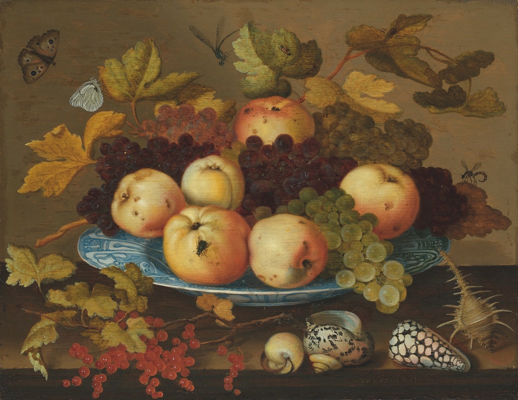 Fruit in a wan-li porcelain dish on a table — Balthasar van der Ast
