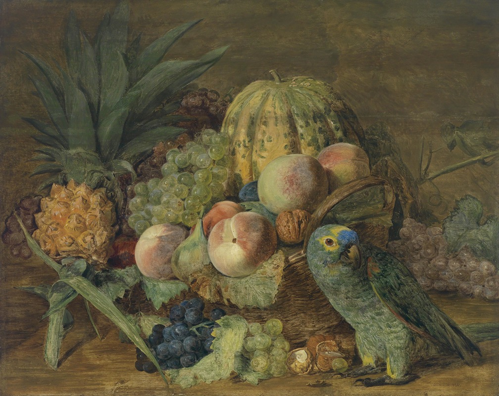 Früchtestillleben mit Papagei by Фердинанд Георг Вальдмюллер, 1824 — digital art print download