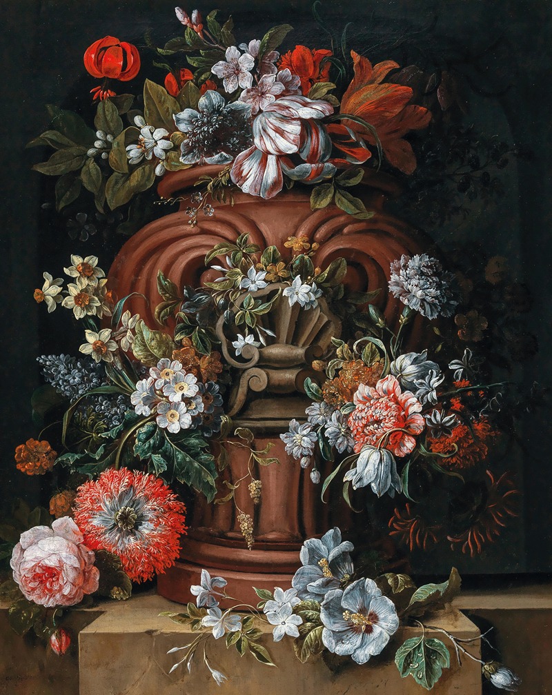 Flowers in a sculpted urn on a stone ledge — Gaspar Peeter Verbruggen the Younger