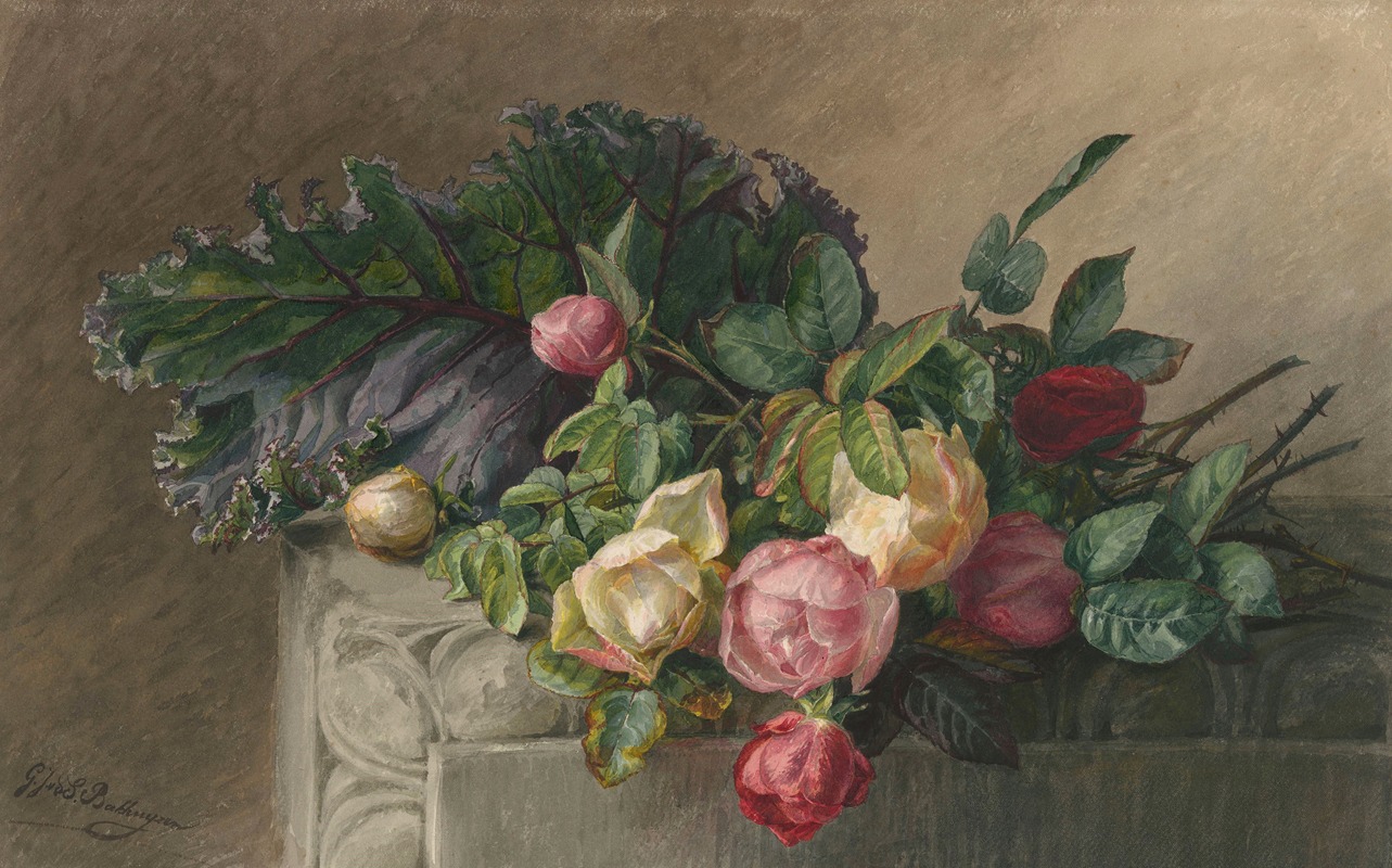 Stilleven met rozen en koolblad by Жерардина Якова ван де Санд Бахуйзен, 1836 - 1895 — digital art print download