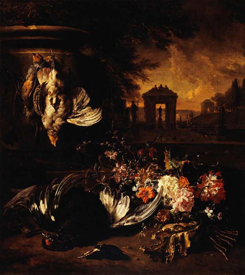 Fleurs et gibier mort devant un paysage by Ян Вейникс, 1662-1719 — digital art print download