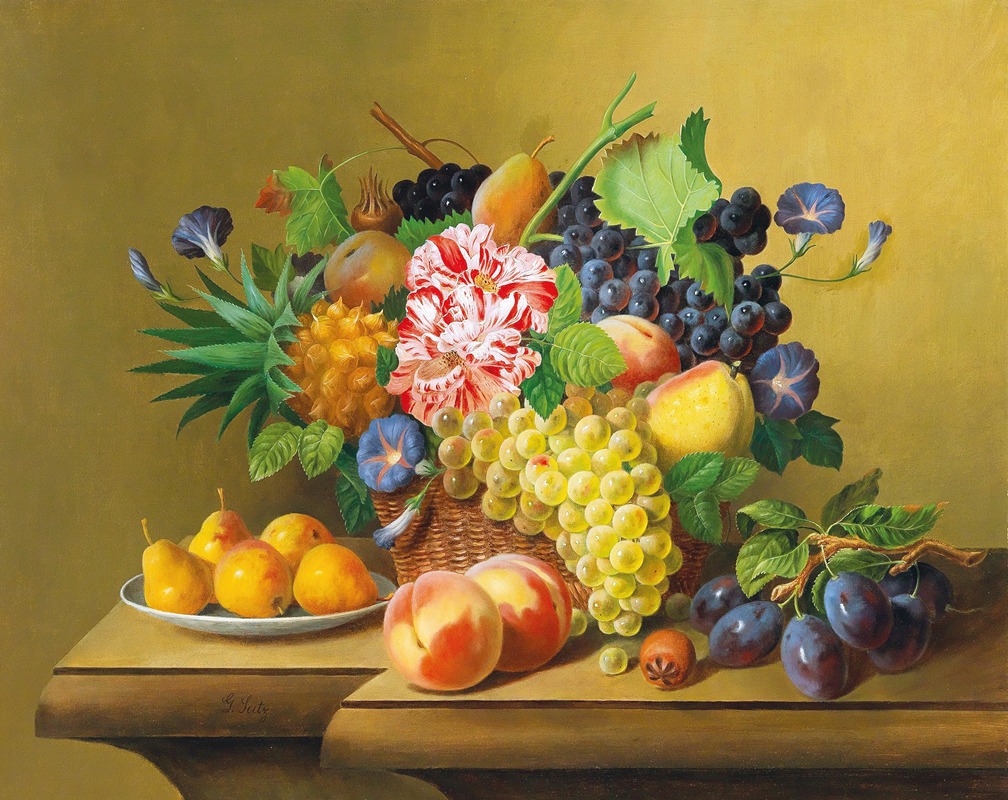 Stillleben mit Früchtekorb und einem Teller mit Birnen by Johann Georg Seitz — digital art print download