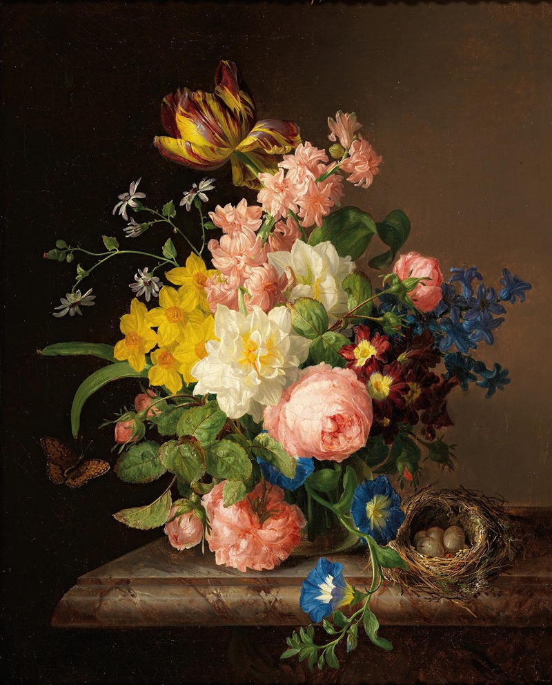 Blumenstrauß mit Vogelnest und Schmetterling — Josef Lauer