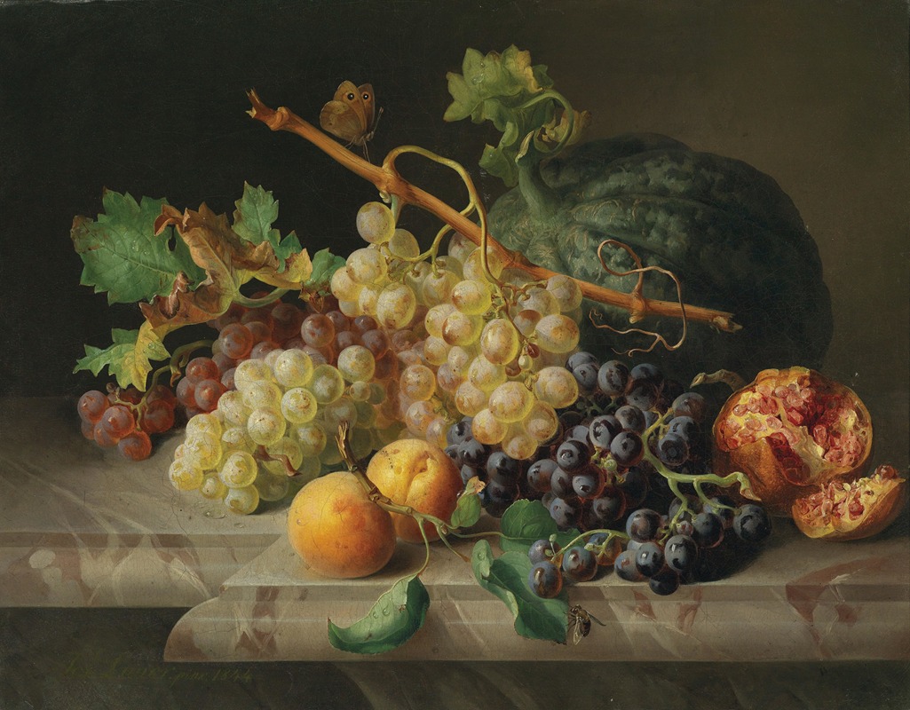 Stillleben mit Granatapfel Weintrauben und Melone — Josef Lauer