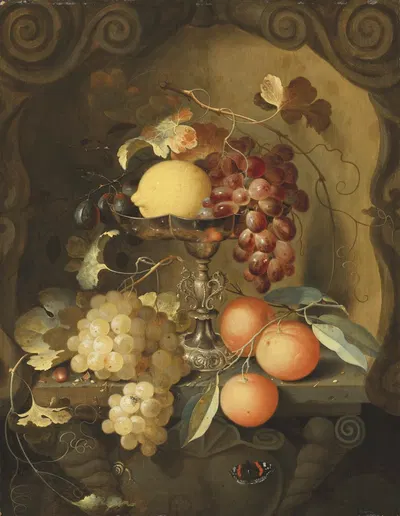 Grapes and a lemon on a tazza, with oranges on a ledge in a sculpted stone niche by Laurens Craen — digital art print…