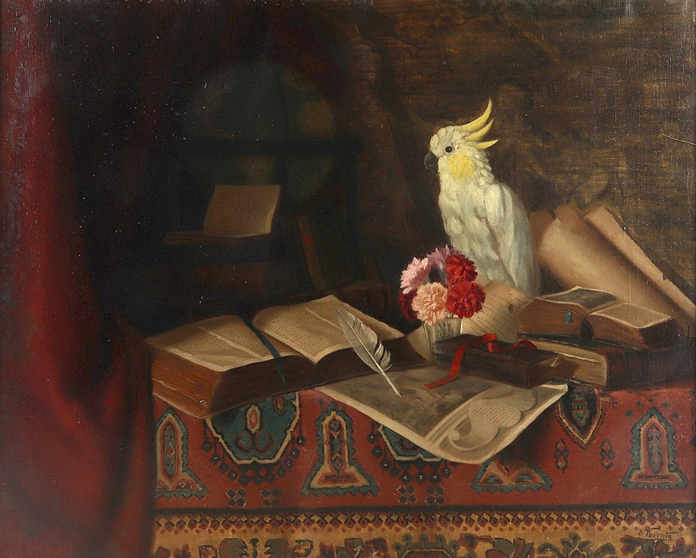 Stillleben mit Büchern und Kakadu by Людвиг Валента — digital art print download