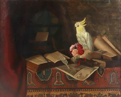Stillleben mit Büchern und Kakadu by Людвиг Валента — digital art print download