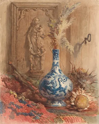 Stilleven met Chinese vaas en gedroogde zonnebloemen by Мария Вос, 1879 — digital art print download