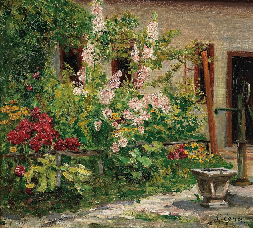 Front Garden with Blossoming Hollyhocks by Мари Эгнер — digital art print download