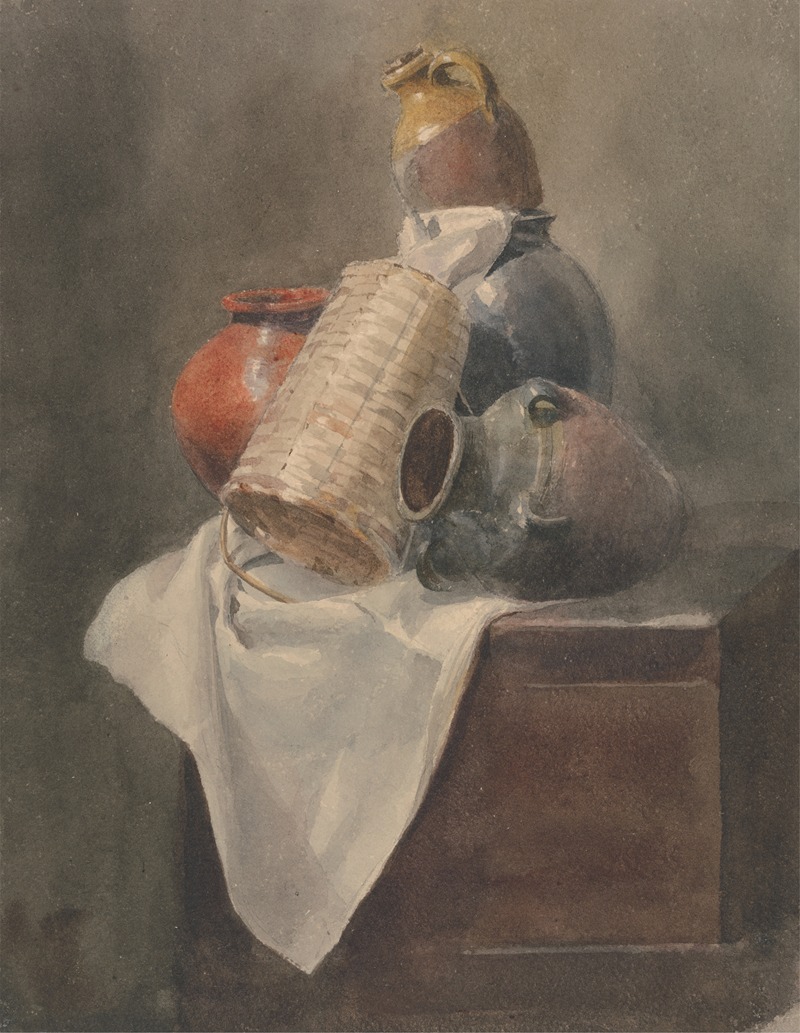 Still Life; Pots, Basket and Cloth on a Chest — Peter DeWint