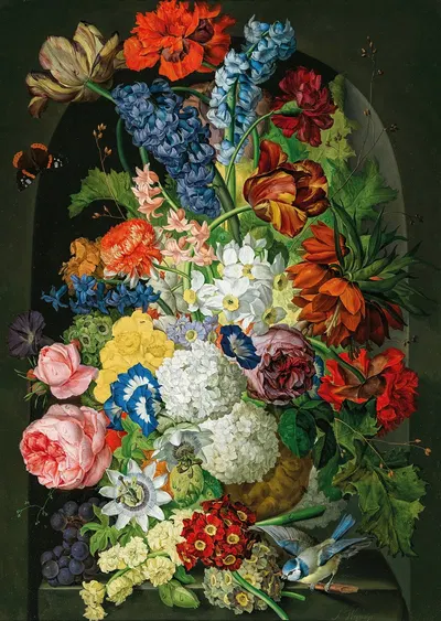 Blumenstück mit Schmetterling und Blaumeise by Sebastian Wegmayr — digital art print download