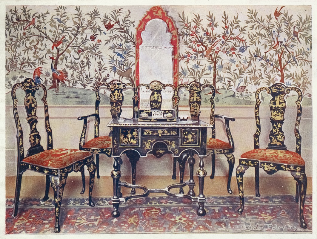 Black lacquer settee, chairs and table, red lacquer mirror by Edwin Foley, 1910 - 1911 — digital art print download