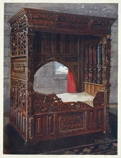 Carved oak bedstead of Jeanne D'Albret, dated 1562 by Edwin Foley, 1910 - 1911 — digital art print download