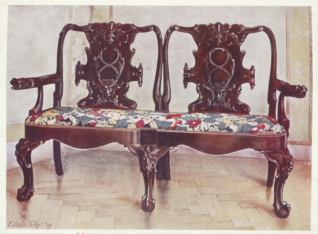 Carved walnut darby and Joan settee by Edwin Foley, 1910 - 1911 — digital art print download