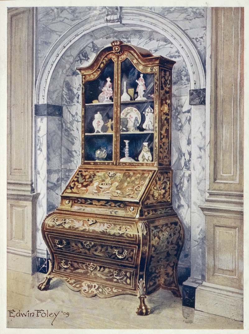 Inlaid walnut bombé bureau-cabinet by Edwin Foley, 1910 - 1911 — digital art print download