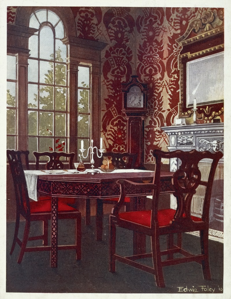 Mahogany divisible dining-tables, dining room splat-back chairs by Edwin Foley, 1910 - 1911 — digital art print download
