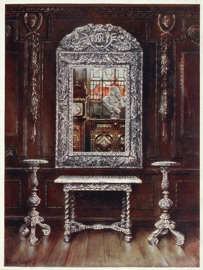 Mirror, gueridons, and table overlaid with silver plaques — Edwin Foley