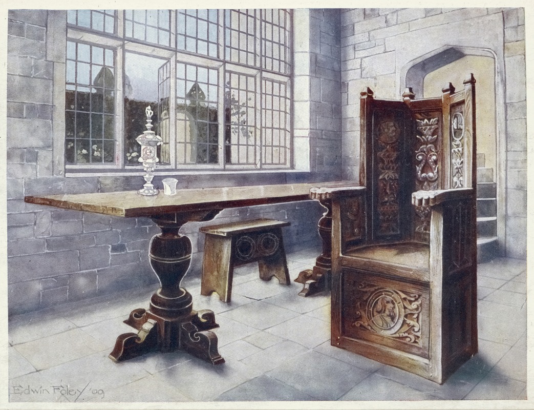 Oak trestle table, 'Mine host's' chair by Edwin Foley, 1910 - 1911 — digital art print download