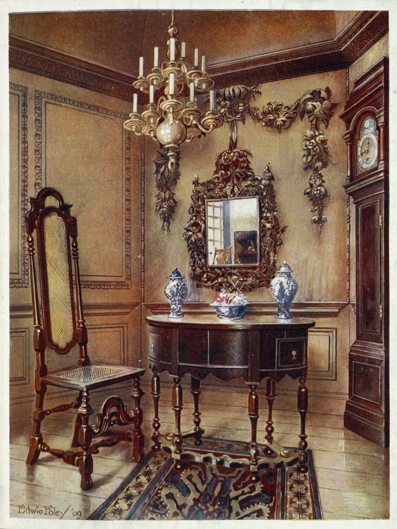 Panelling, from an old house, Mirror frame, Walnut table, walnut chair, Walnut high-case clock — Edwin Foley