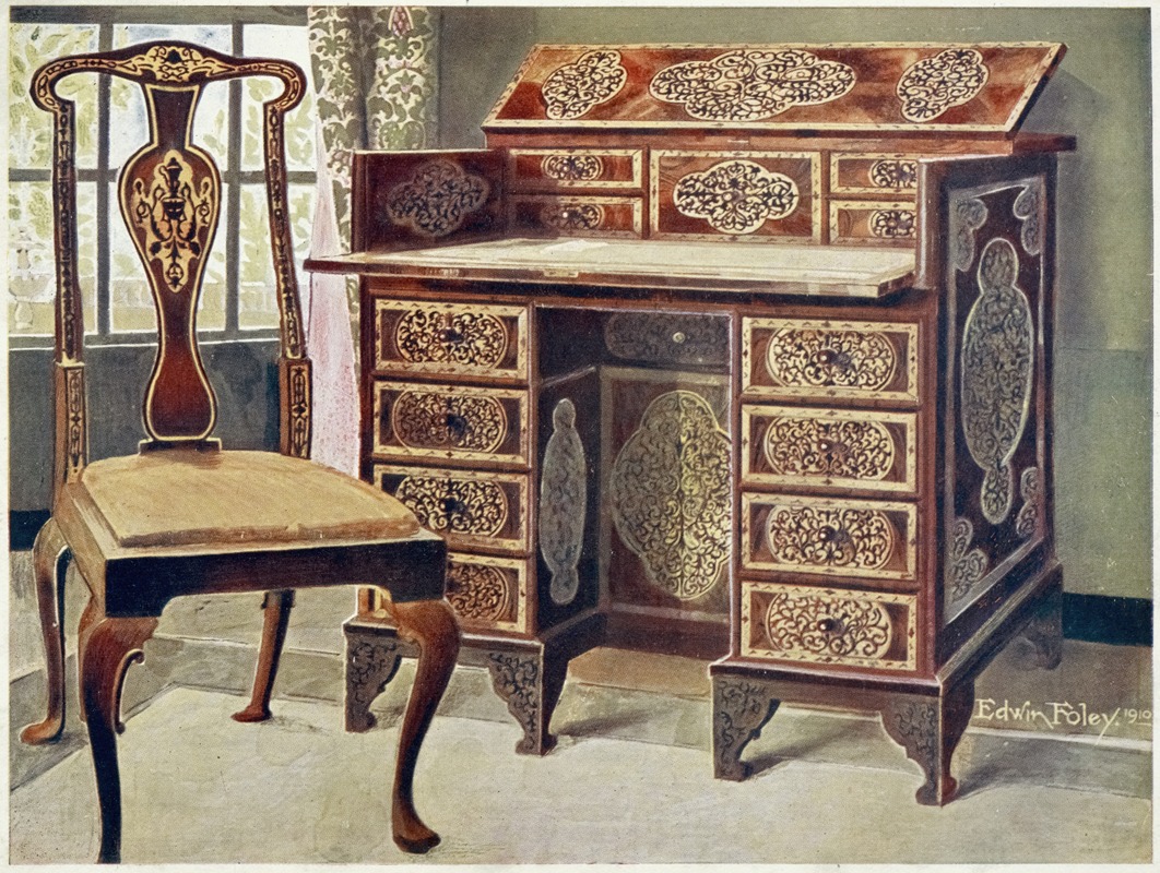 Walnut inlaid writing-table by Edwin Foley, 1910 - 1911 — digital art print download
