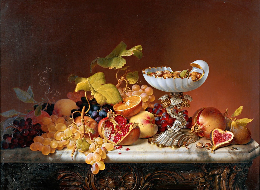 Tropical fruits with milk glass shell in shell shape — Johann Wilhelm Preyer