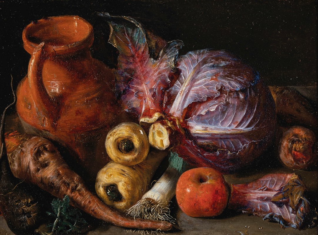 A jug, a cabbage and carrots on a ledge by Питер Снайерс — digital art print download