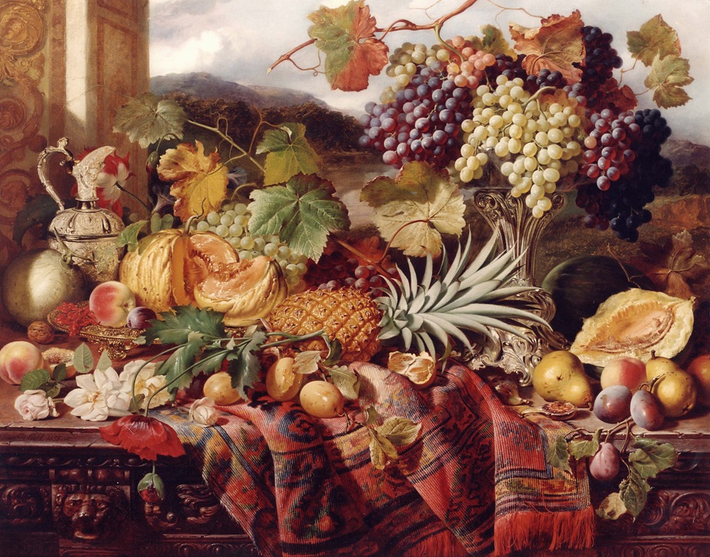 Still Life with Mixed Fruit & a Rug with Landscape Beyond — William Duffield