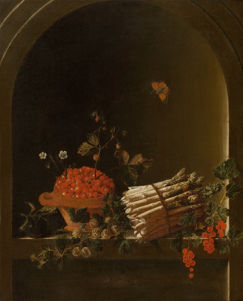 Still Life with Fruit and Asparagus by Adriaen Coorte, 1703 — digital art print download