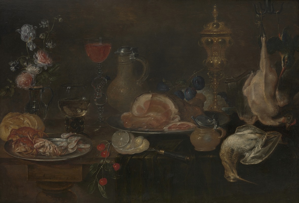 Still life with flowers, ham, game, shellfish and fruit — Alexander Adriaenssen