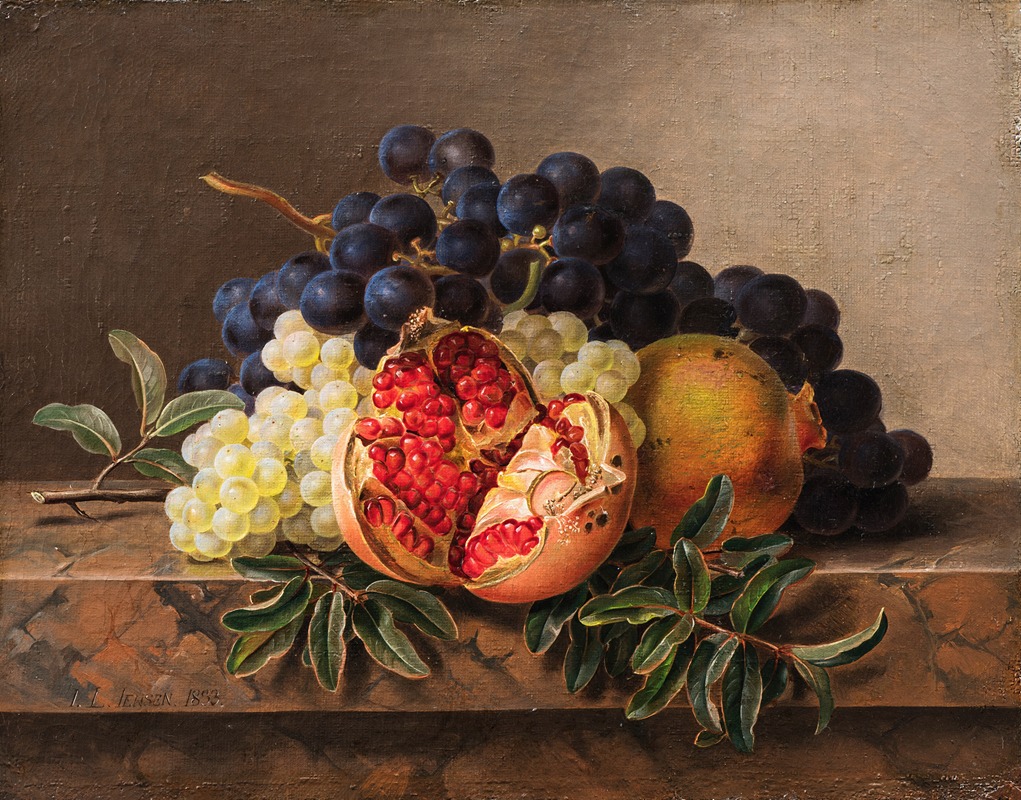 Pomegranates and green and blue grapes on a marble frame — Johan Laurentz Jensen
