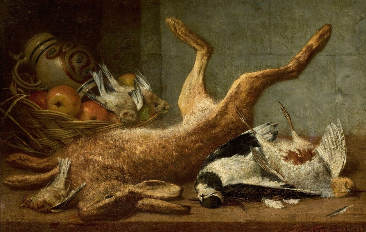 Hunting trophies, dead hare by Joseph Nauwens, 1884 — digital art print download