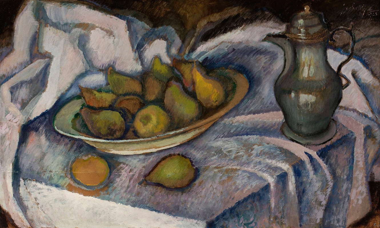 Still life with a kettle, a pear and a lemon — Kazimierz Sichulski