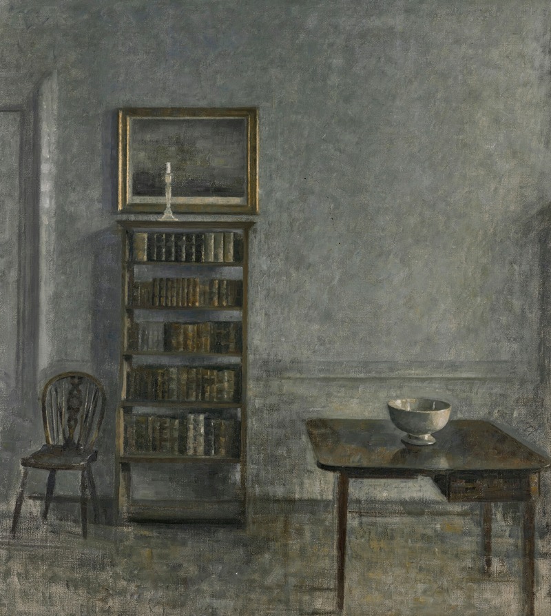 Interior with a table, bookcase and Windsor Chair, 25 Strandgade — Vilhelm Hammershøi