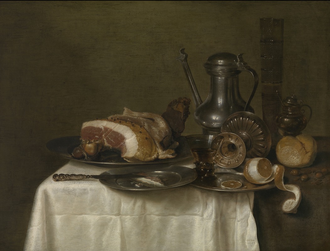Still life with ham and bread by Willem Claesz Heda, 1649 — digital art print download