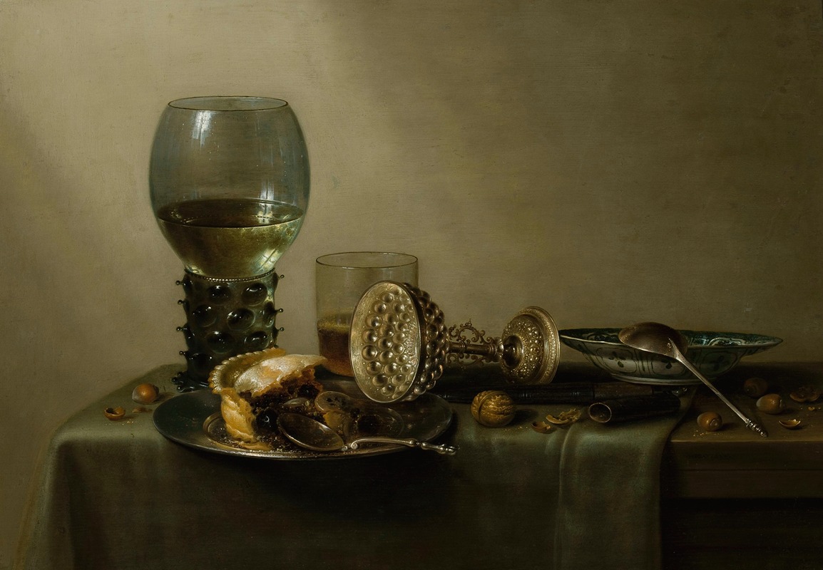 Dessert, still life with cake, wine, beer and nuts — Willem Claesz Heda